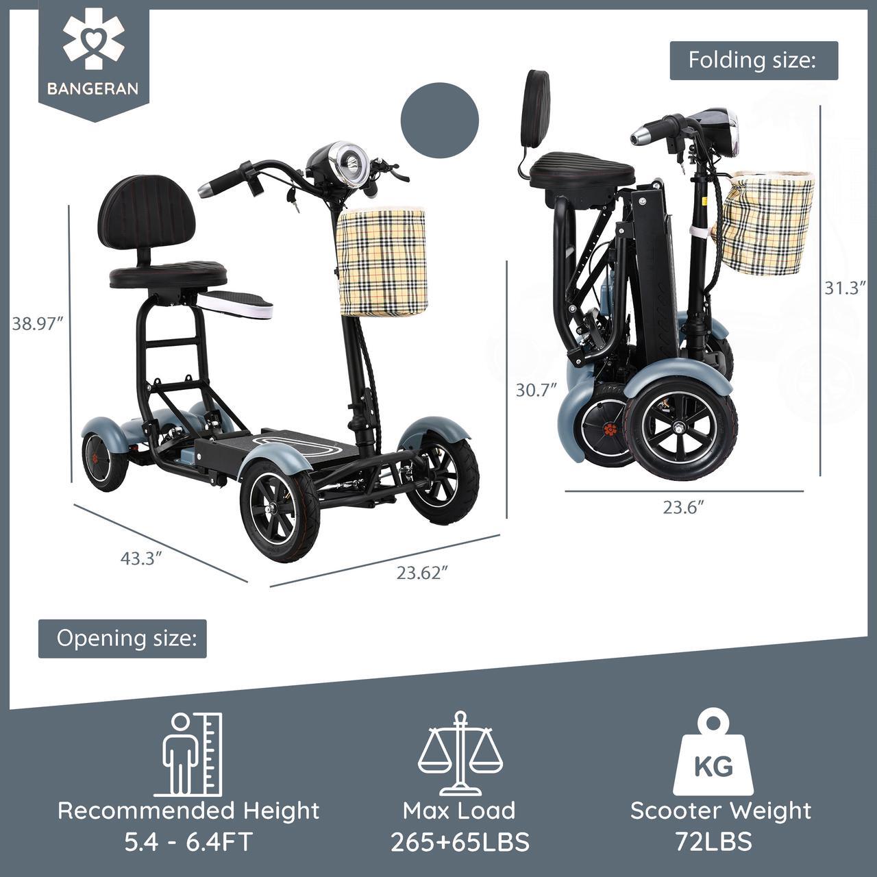 Alt view image 6 of 7 - Bangeran Mobility Scooter, 4 Wheel Easy Travel, Up to 12 Miles - Matte Sky Blue