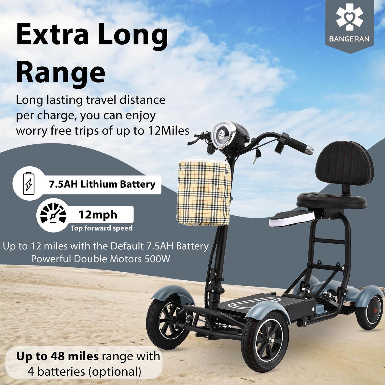 Alt view image 5 of 7 - Bangeran Mobility Scooter, 4 Wheel Easy Travel, Up to 12 Miles - Matte Sky Blue