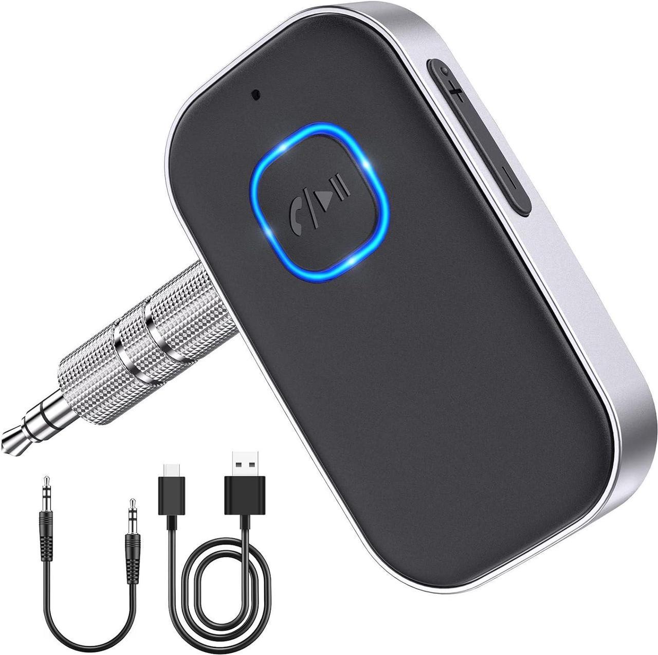 Bluetooth Car Adapter,  3.5mm AUX Bluetooth Receiver for Music Streaming, Wireless Music Audio Adapter with Built-in Mic, Home Stereo, Speakers (Handsfree Car Kits, 16H Playtime, Dual Link)