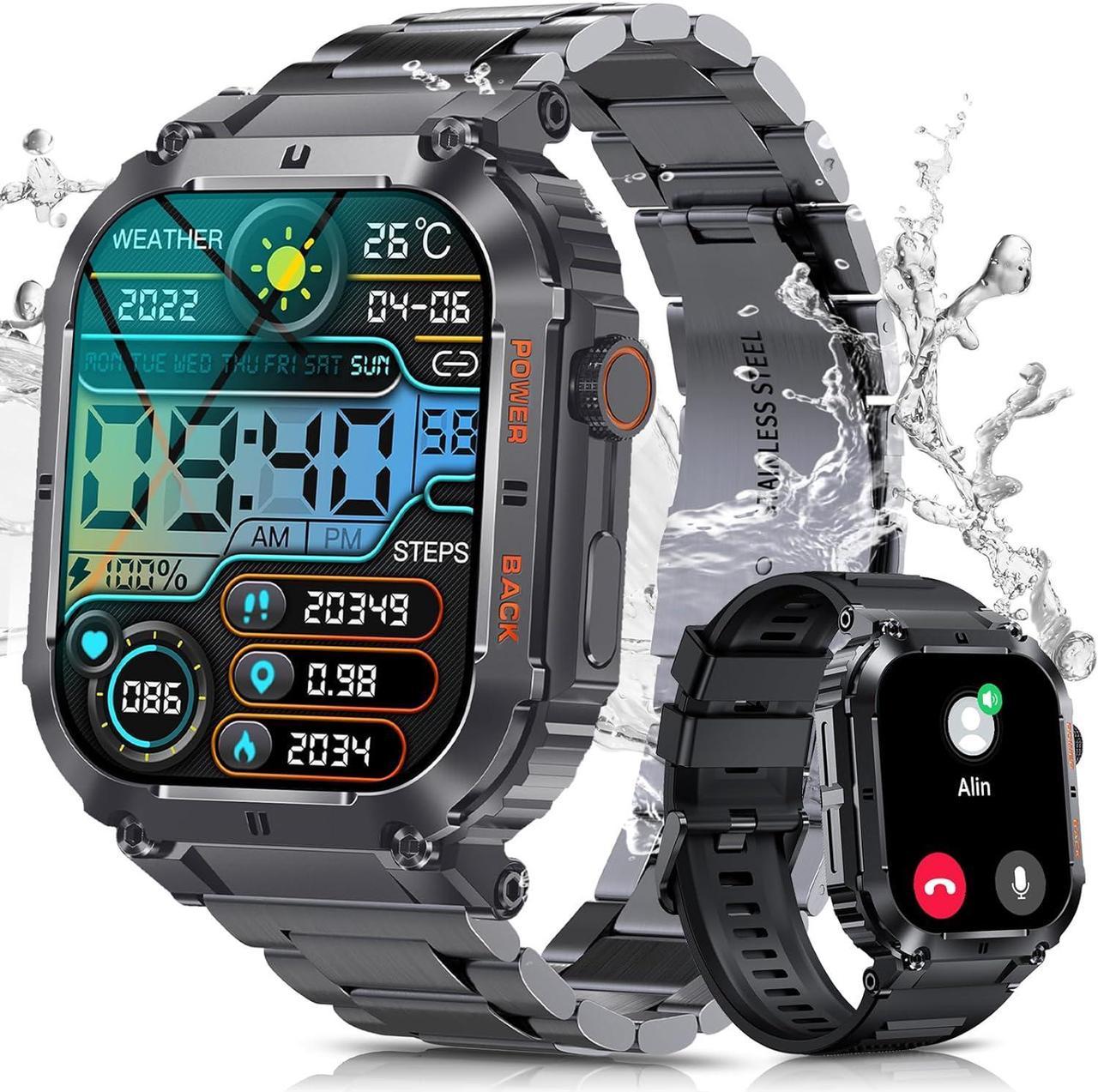 Military Smart Watch for Men with Bluetooth Call, 100+ Sports Modes Fitness Tracker with Health Monitor Sleep Monitor, 1.96" HD Sport Smartwatch for Android iOS