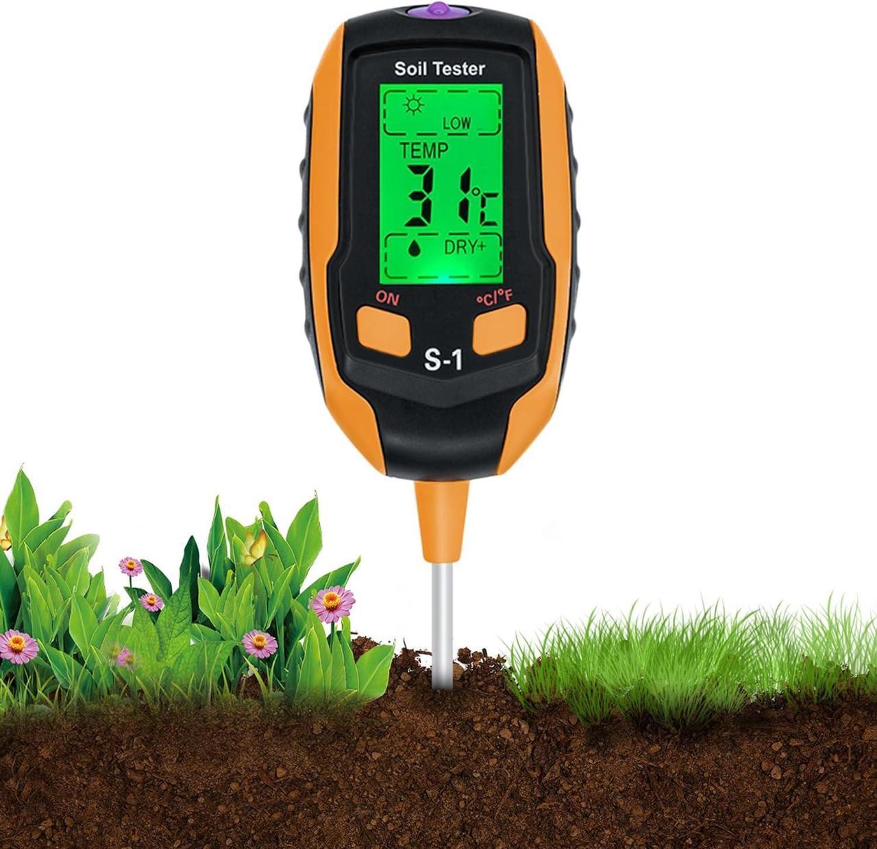 4-in-1 Soil PH Meter Digital Plant Moisture Meter with PH Temperature Light Environment's Moisture Soil PH Meter Soil Sensor Tester for Garden Indoor and Outdoor Plants Farm Lawn