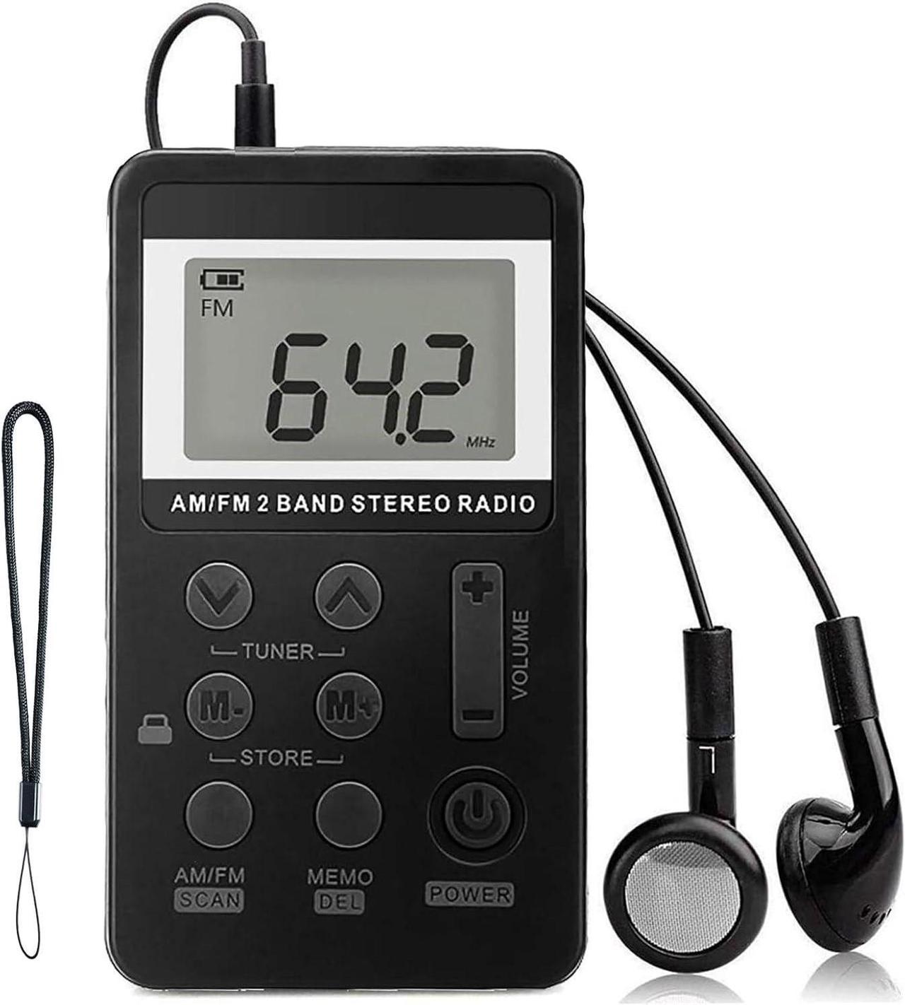 AM FM Pocket Radio, Portable Digital Tuning AM FM Stereo Radio with Rechargeable Battery, LCD Display and Earphone for Walking (Black)