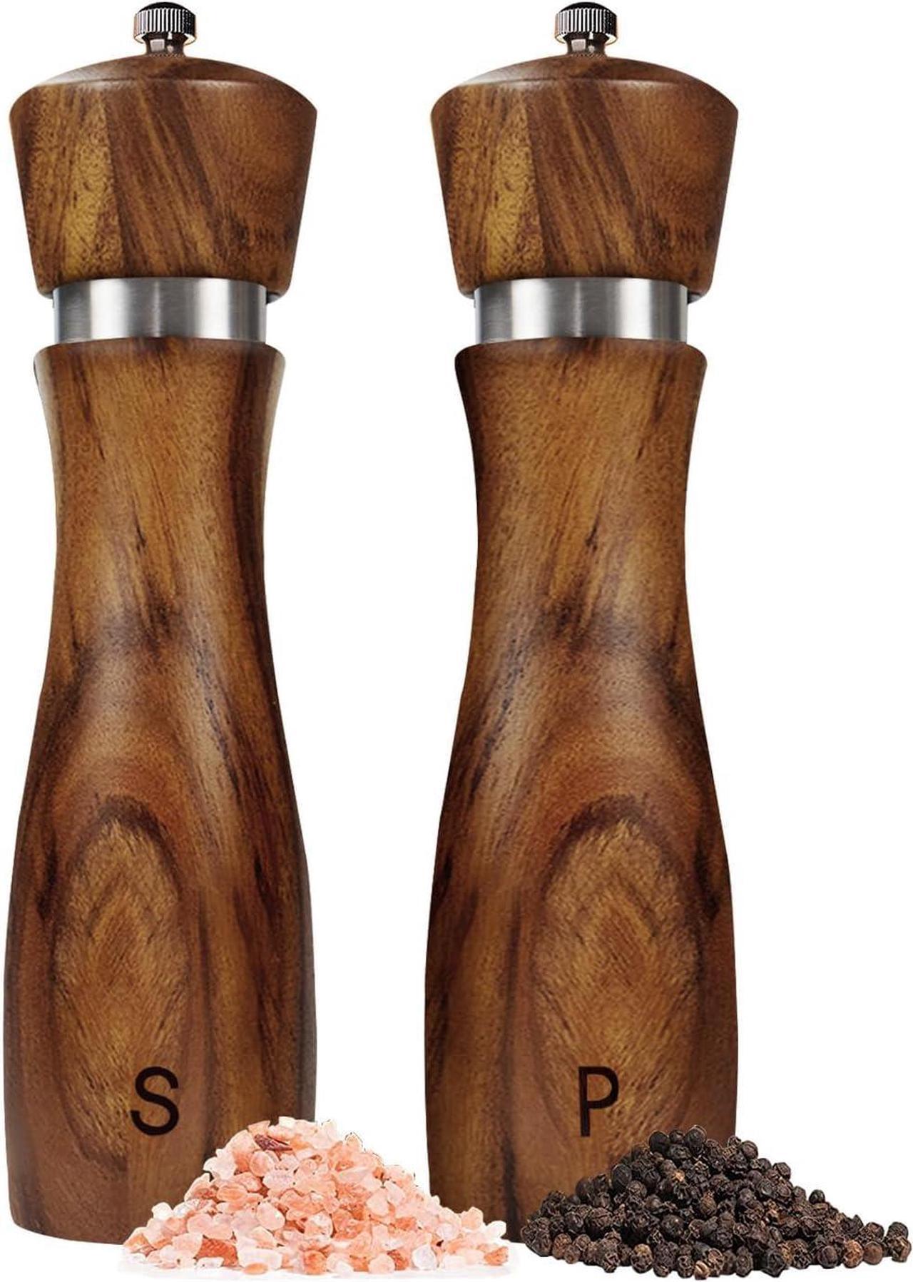 2 Pack Salt and Pepper Grinder Set, Acacia Wood Salt Mill Pepper Grinder with Ceramic/Stainless Steel Core, Modern and Elegant Wooden Salt and Pepper Set