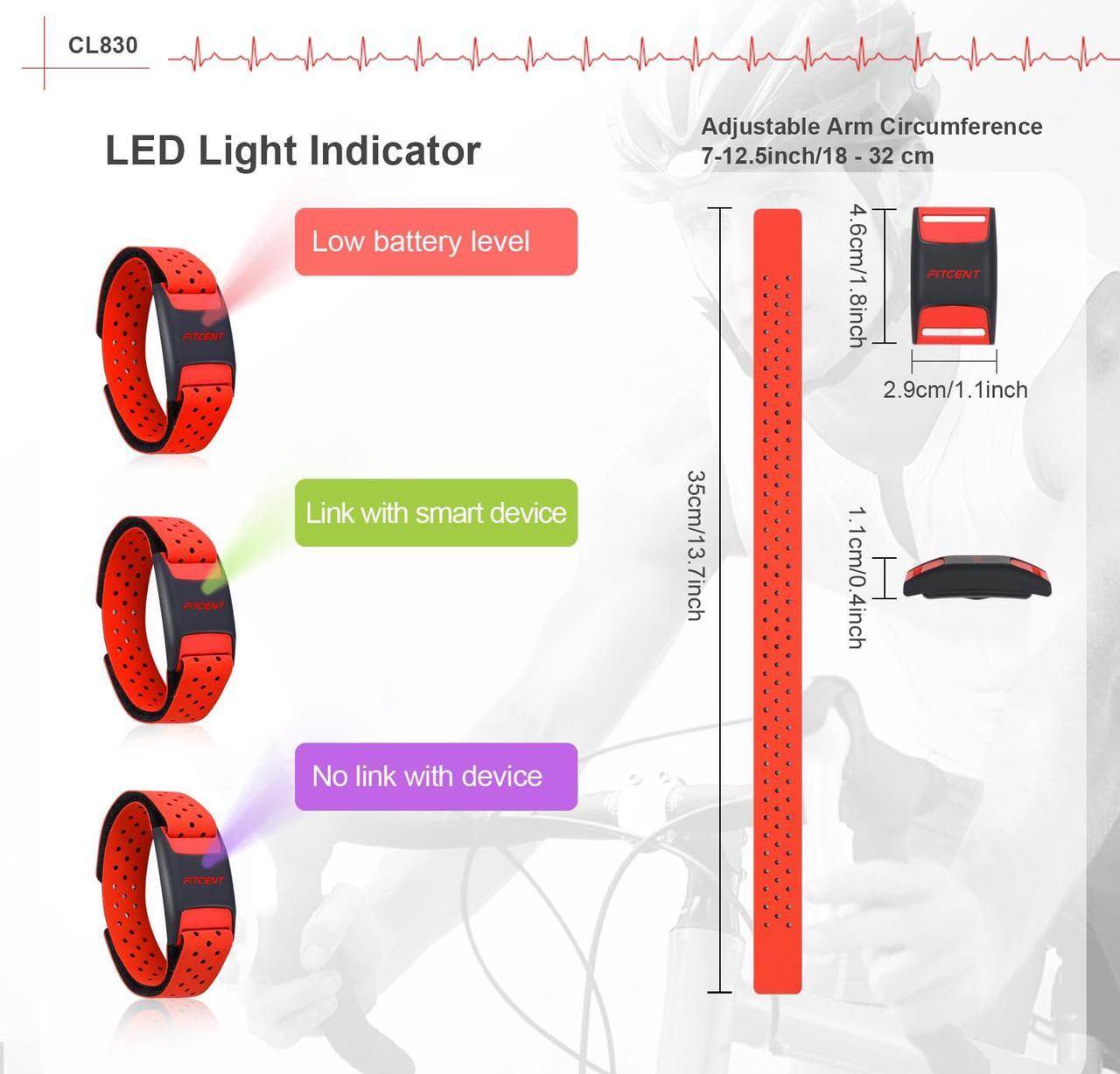 Alt view image 2 of 6 - FITCENT Heart Rate Monitor Armband, Bluetooth ANT+ Optical Heart Rate Sensor Arm Band, Rechargeable Fitness Tracker for Peloton Strava Zwift Polar Beat DDP Yoga Wahoo Fitness
