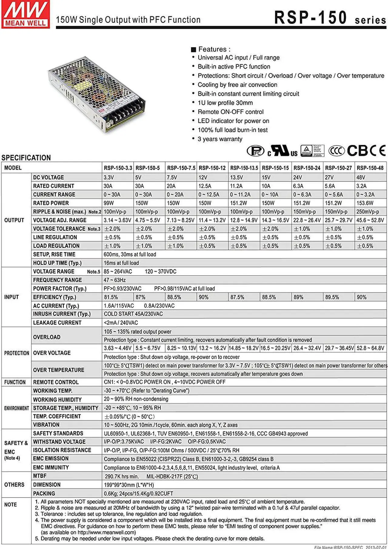Alt view image 2 of 3 - MW Mean Well RSP-150-48 48V 3.2A 152W Single Output with PFC Function Power Supply