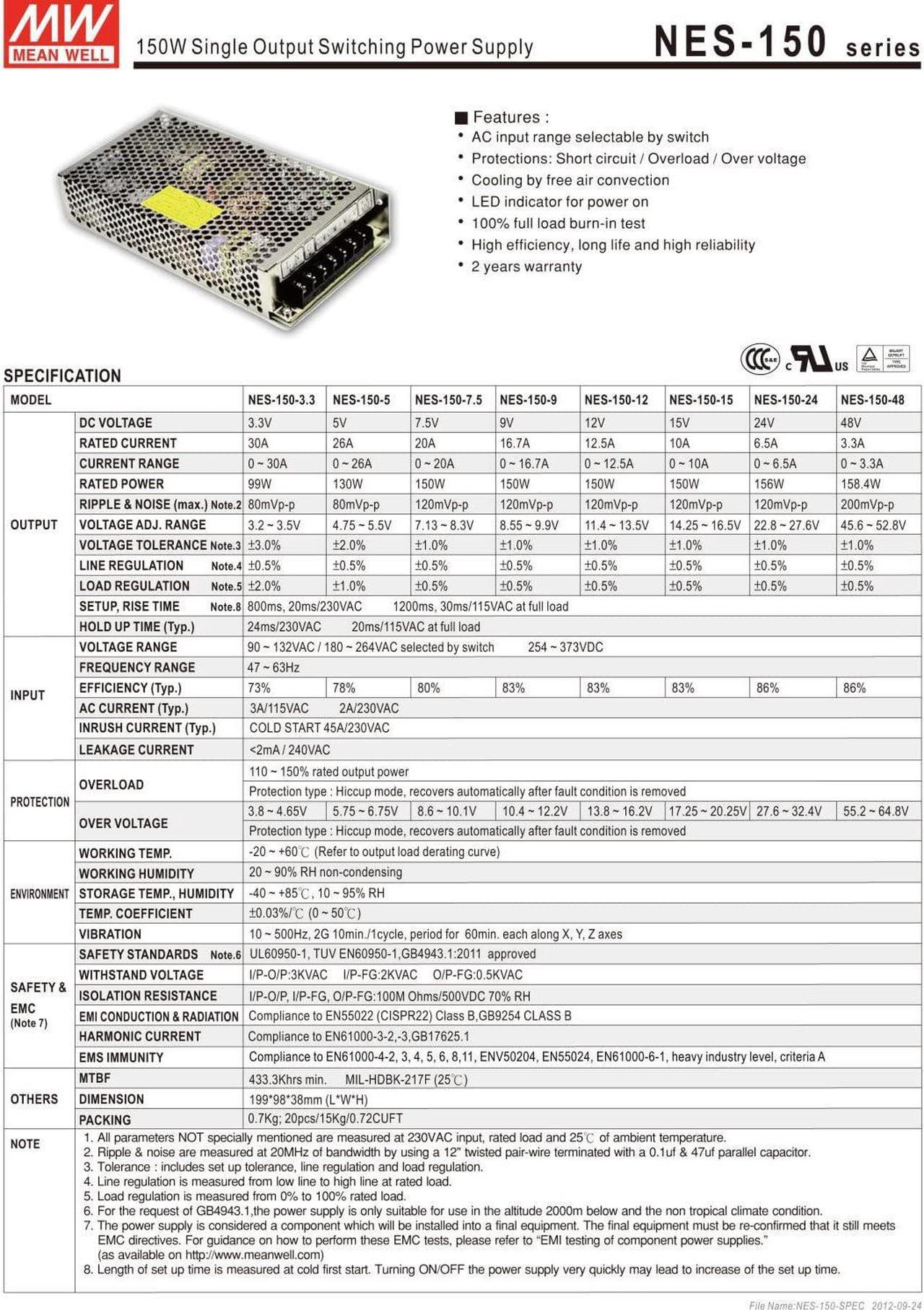 Alt view image 3 of 4 - MEAN WELL MW NES-150-24 24V 6.5A 156W Single Output Switching Power Supply