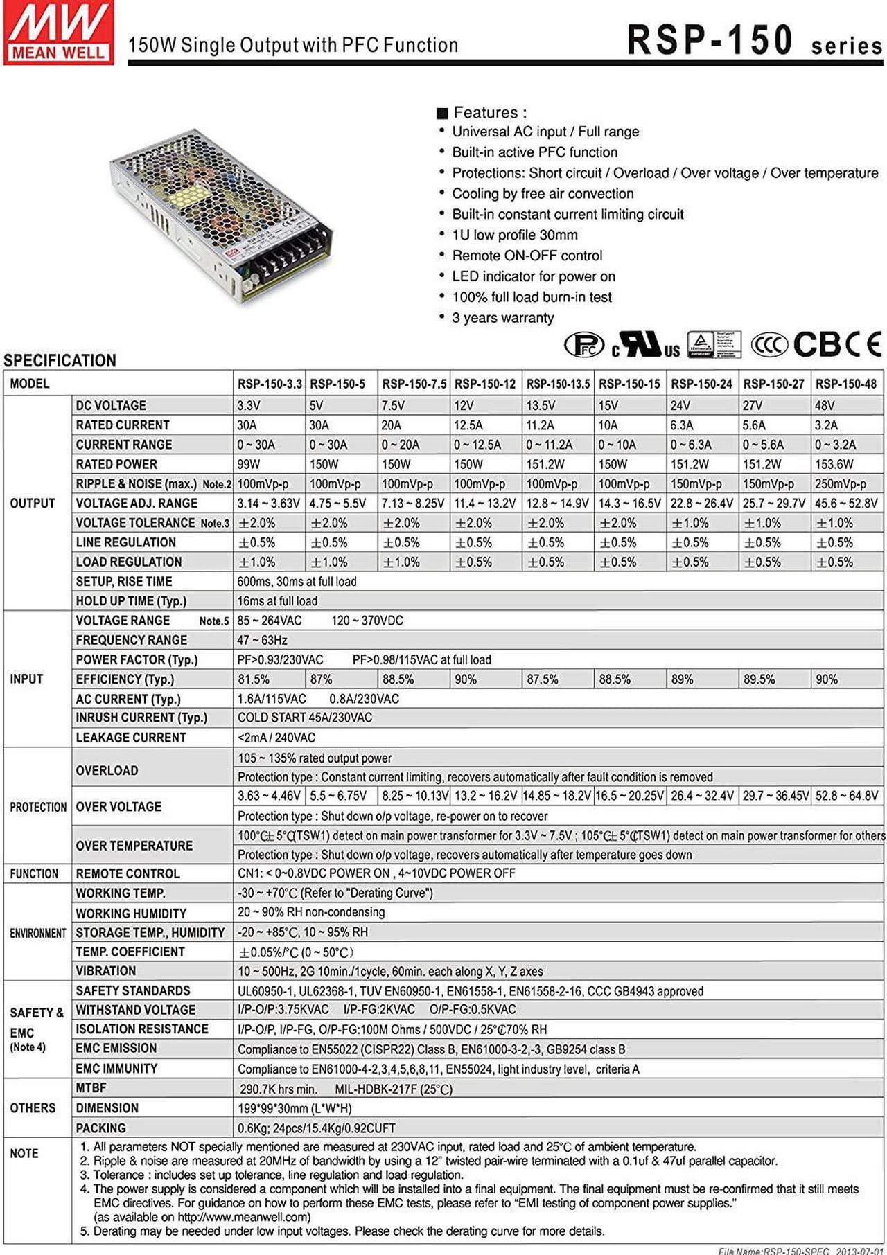 Alt view image 2 of 3 - [PowerNex] Mean Well RSP-150-13.5 13.5V 11.2A 151.2W Single Output with PFC Function Power Supply