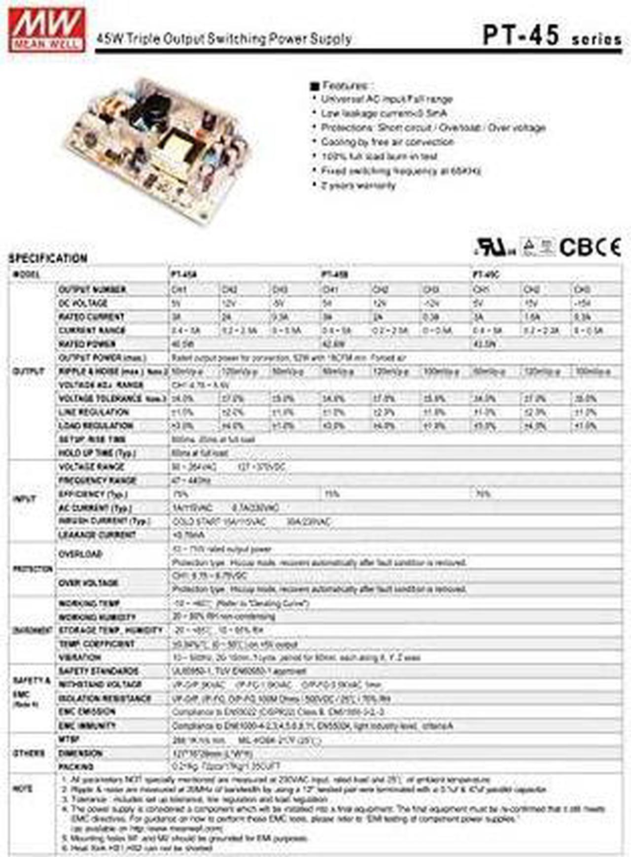 Alt view image 4 of 4 - Industrial Open Frame 43.5W PT-45C Meanwell AC-DC Triple Output PT-45 Series MEAN WELL Switching Power Supply