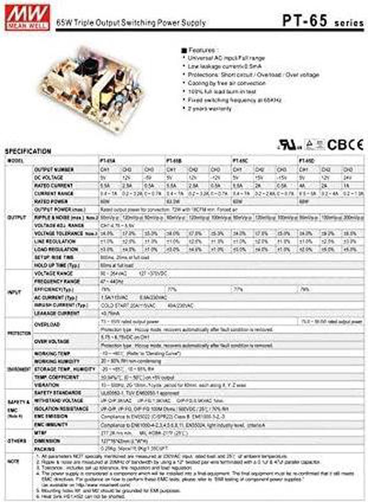 Alt view image 2 of 2 - Industrial Open Frame 60W PT-65A Meanwell AC-DC Triple Output PT-65 Series MEAN WELL Switching Power Supply