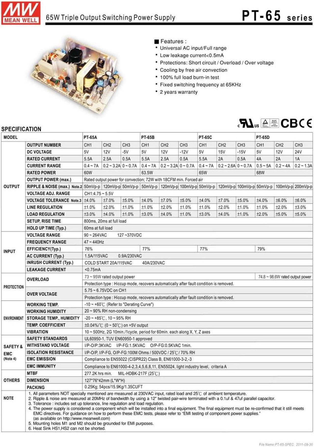 Alt view image 3 of 4 - Industrial Open Frame 65W PT-65C Meanwell AC-DC Triple Output PT-65 Series MEAN WELL Switching Power Supply