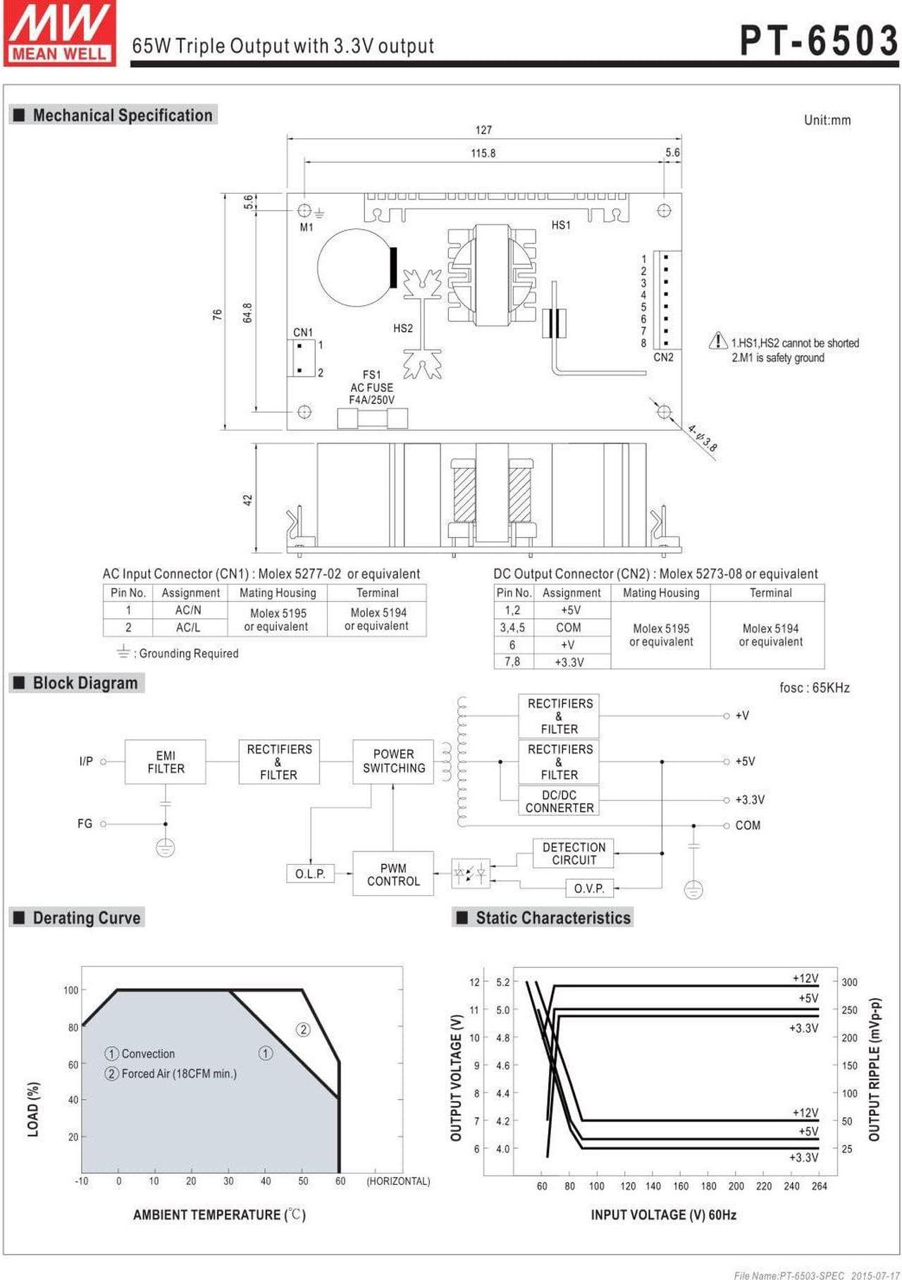 Alt view image 4 of 4 - Industrial Open Frame 65W PT-65C Meanwell AC-DC Triple Output PT-65 Series MEAN WELL Switching Power Supply