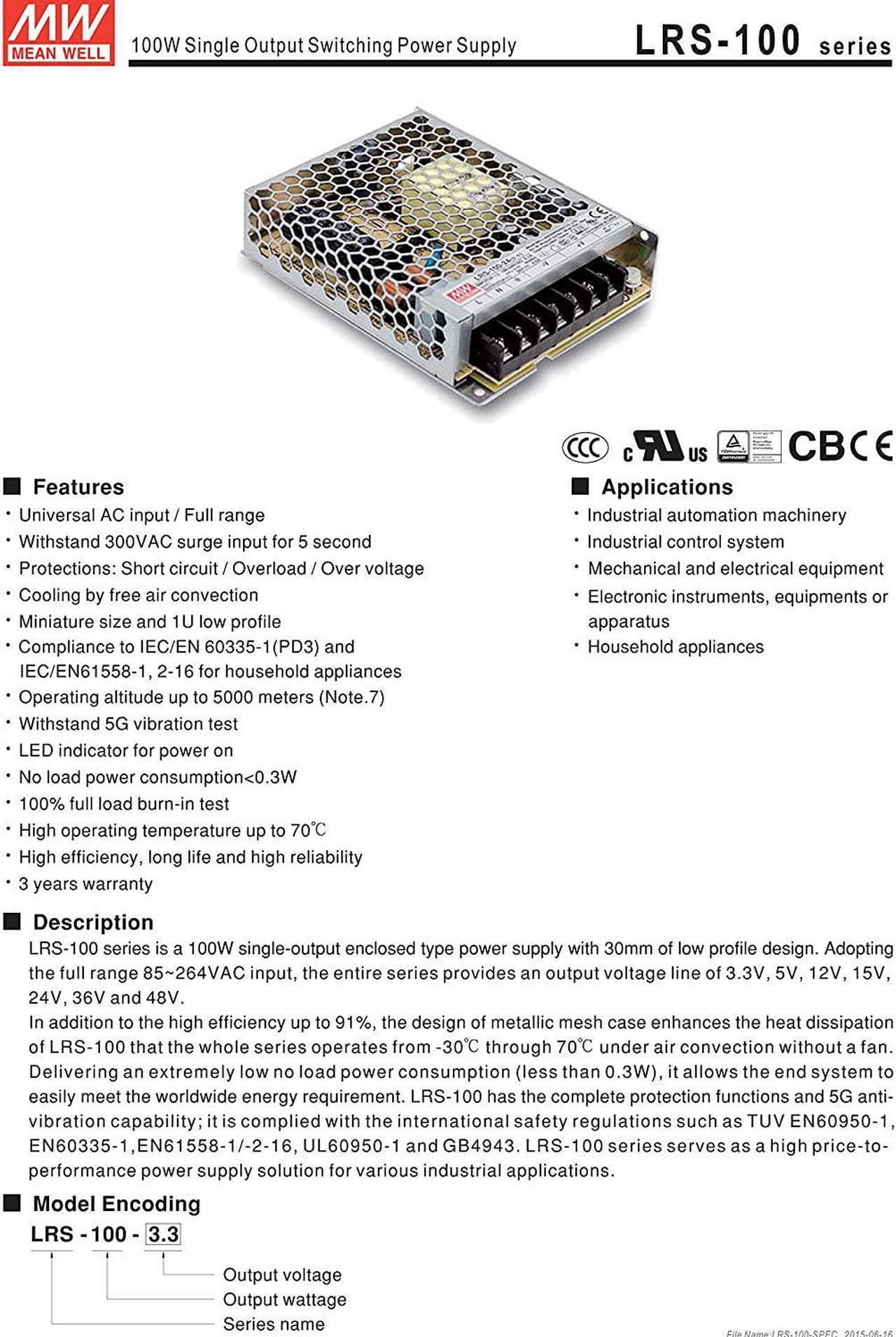 Alt view image 2 of 5 - MW Mean Well LRS-100-5 5V 18A 90W Single Output Switching Power Supply