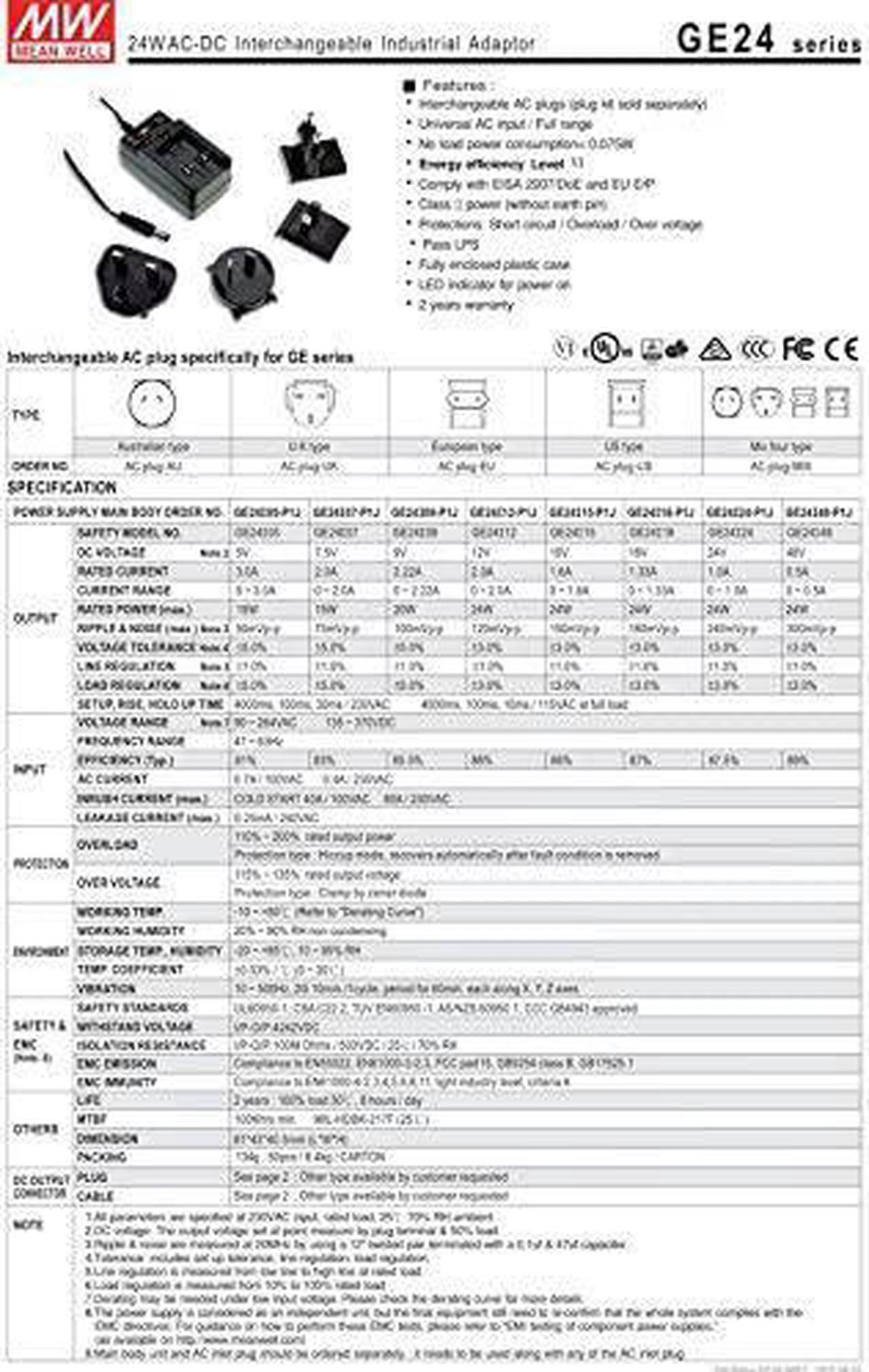 Alt view image 2 of 2 - Interchangeable Industrial Adapter 24W 15V 1.6A GE24I15-P1J Meanwell AC-DC SMPS GE24I MEAN WELL Switching Power Supply