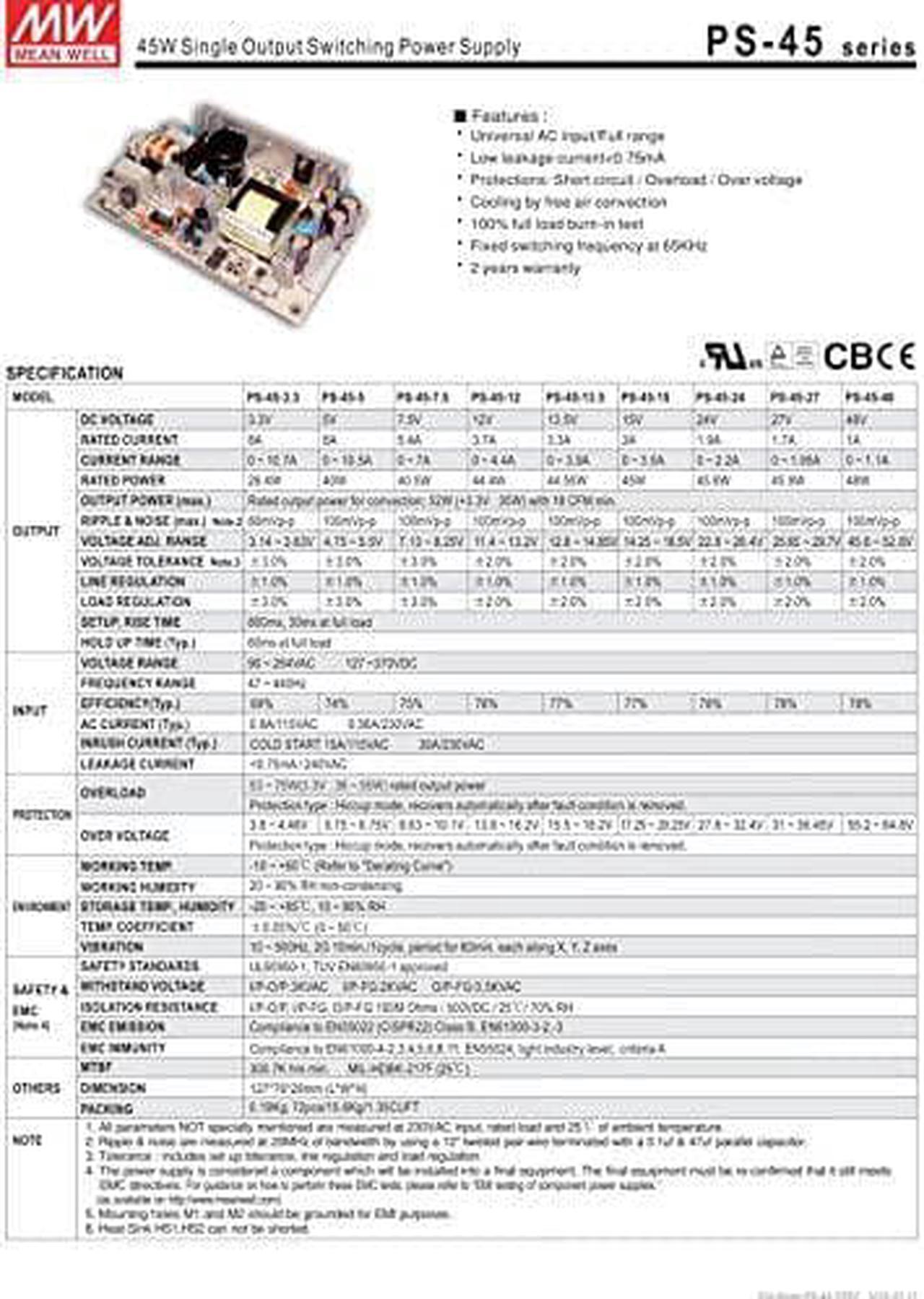 Alt view image 3 of 3 - Industrial Open Frame 44.4W 12V 3.7A PS-45-12 Meanwell AC-DC Single Output PS-45 MEAN WELL Switching Power Supply
