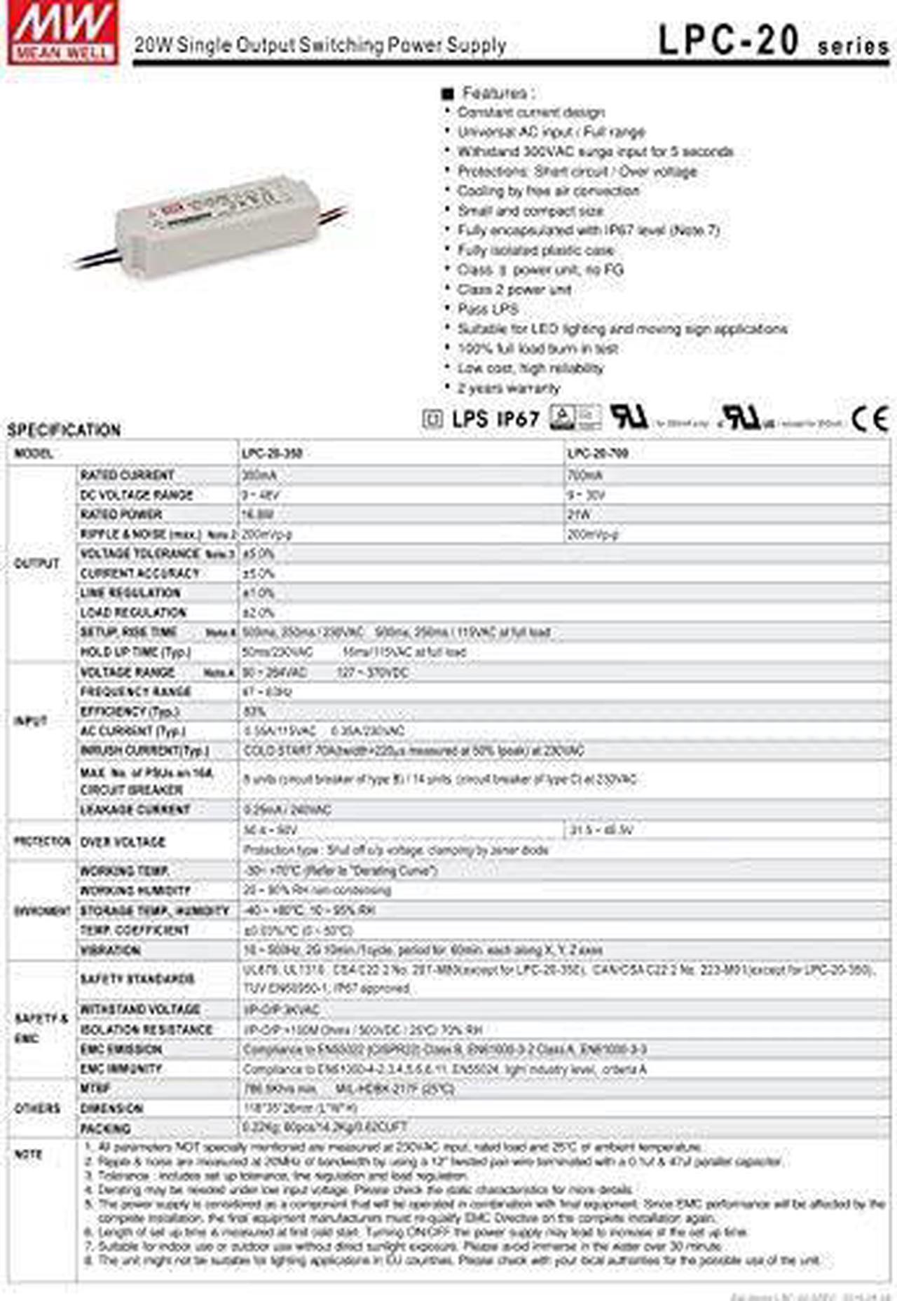 Alt view image 2 of 2 - LED Driver 21W 30V 700mA LPC-20-700 Meanwell AC-DC SMPS LPC-20 Series MEAN WELL C.C Power Supply