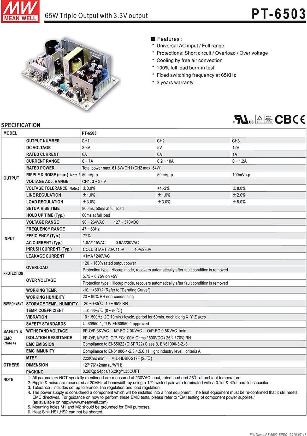 Alt view image 2 of 3 - [PowerNex] Mean Well PT-6503 3.3V 5V 12V 1A 6A 61.8W Triple Output with 3.3V output Switching Power Supply