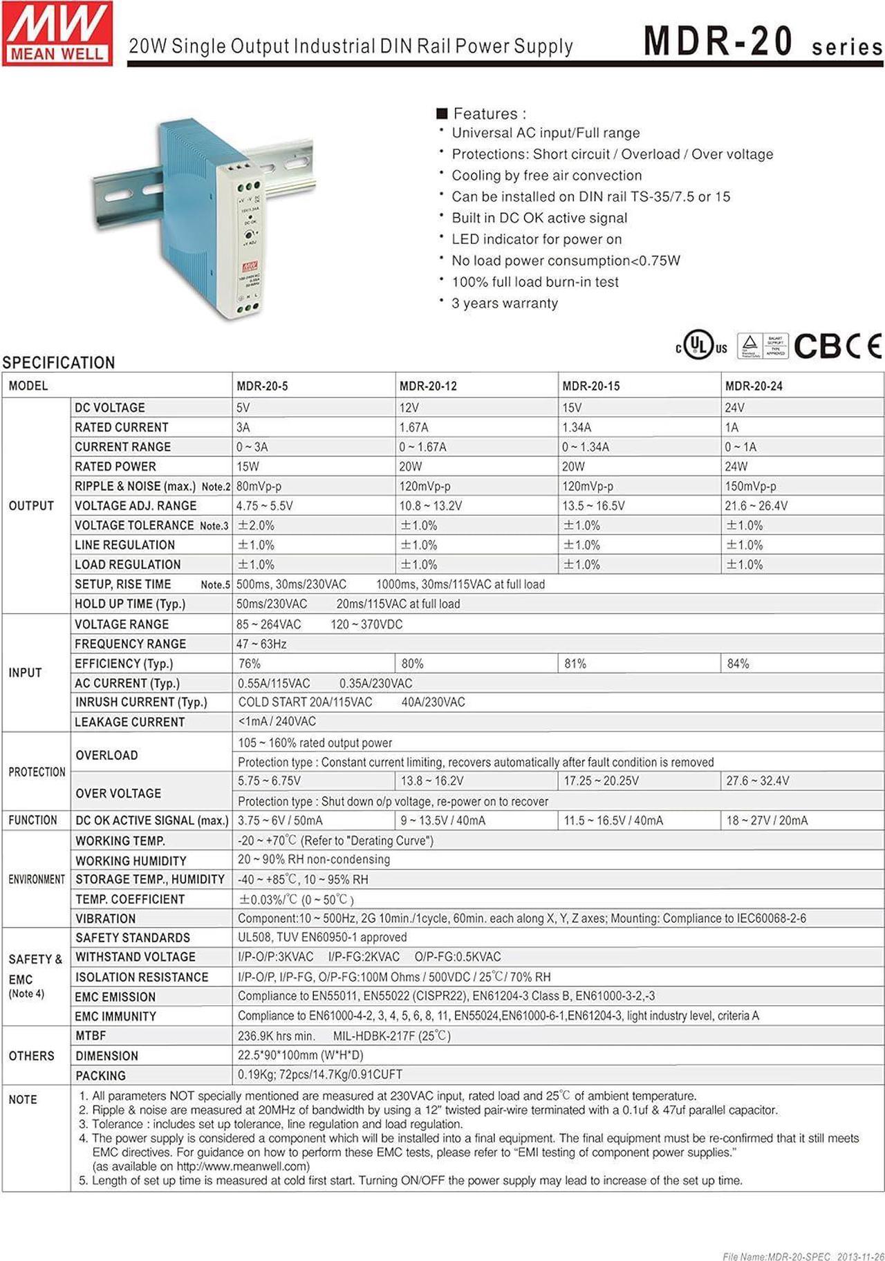 Alt view image 2 of 3 - Mean Well Original MDR-20-24 Single Output Industrial DIN Rail Power Supply 24V 1A 24W