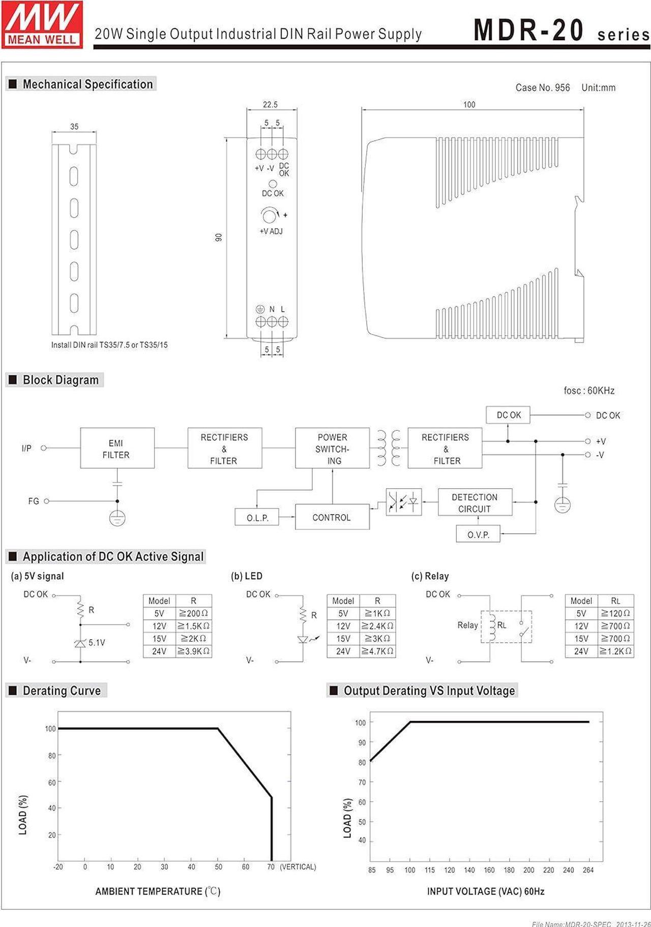 Alt view image 3 of 3 - Mean Well Original MDR-20-24 Single Output Industrial DIN Rail Power Supply 24V 1A 24W