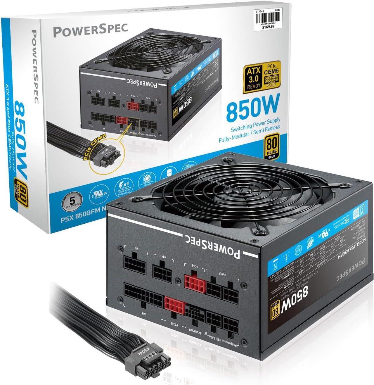 Main image of PowerSpec 850W Power Supply Fully Modular 80 Plus Gold Certified ATX3.0 / PCIe Gen 5 PSU Active PFC Gaming PC Computer Power Supplies, PSX 850GFM CEM
