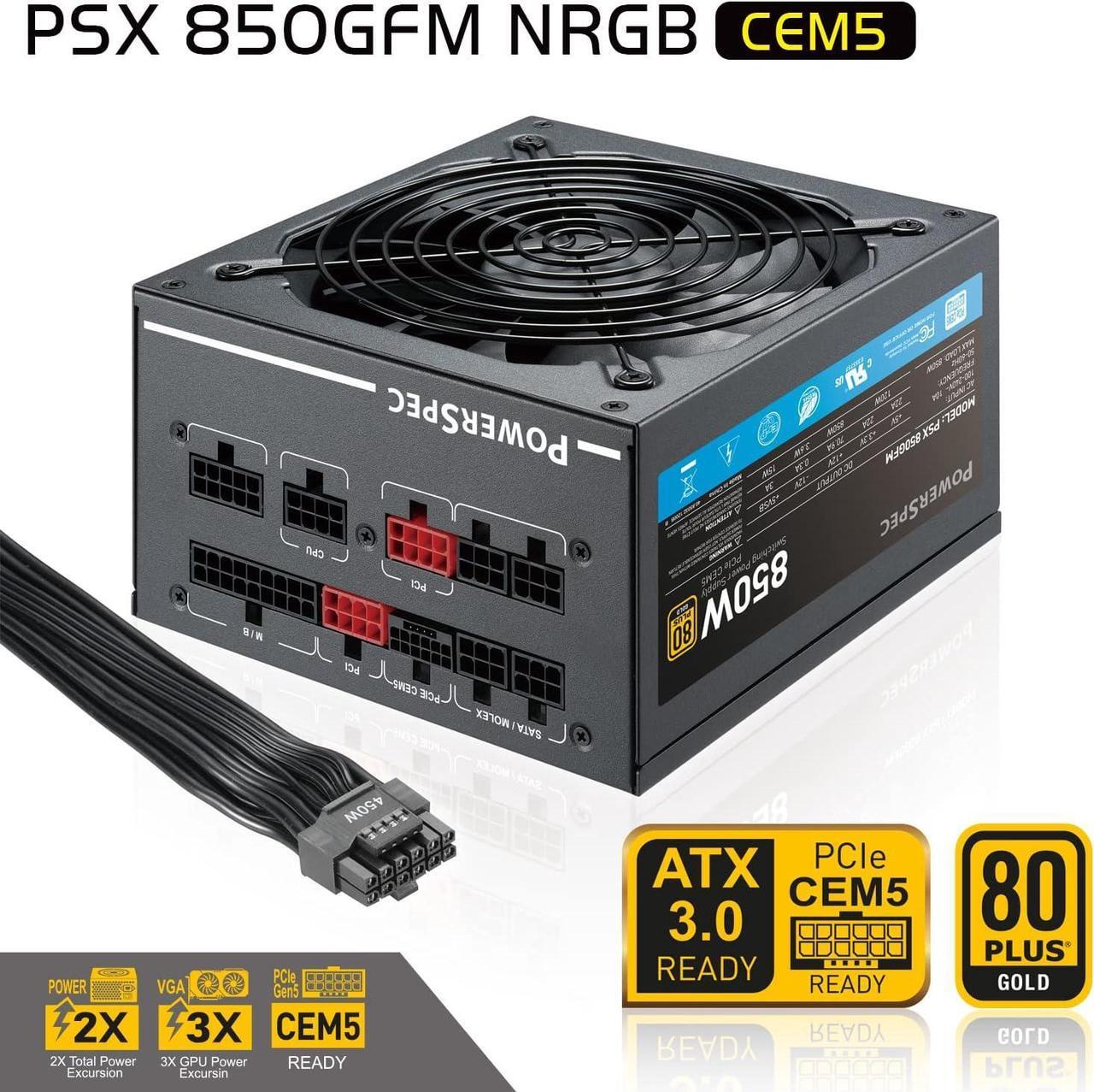 Alt view image 2 of 7 - PowerSpec 850W Power Supply Fully Modular 80 Plus Gold Certified ATX3.0 / PCIe Gen 5 PSU Active PFC Gaming PC Computer Power Supplies, PSX 850GFM CEM