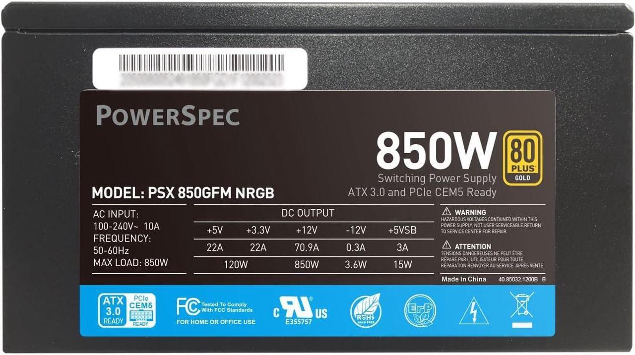 Alt view image 6 of 7 - PowerSpec 850W Power Supply Fully Modular 80 Plus Gold Certified ATX3.0 / PCIe Gen 5 PSU Active PFC Gaming PC Computer Power Supplies, PSX 850GFM CEM
