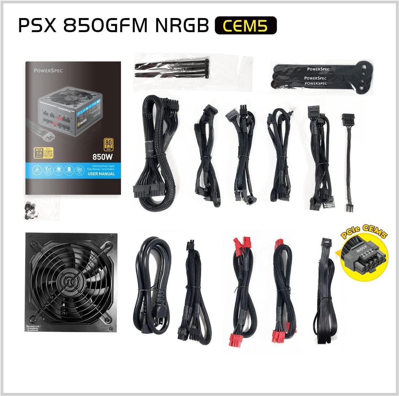 Alt view image 7 of 7 - PowerSpec 850W Power Supply Fully Modular 80 Plus Gold Certified ATX3.0 / PCIe Gen 5 PSU Active PFC Gaming PC Computer Power Supplies, PSX 850GFM CEM