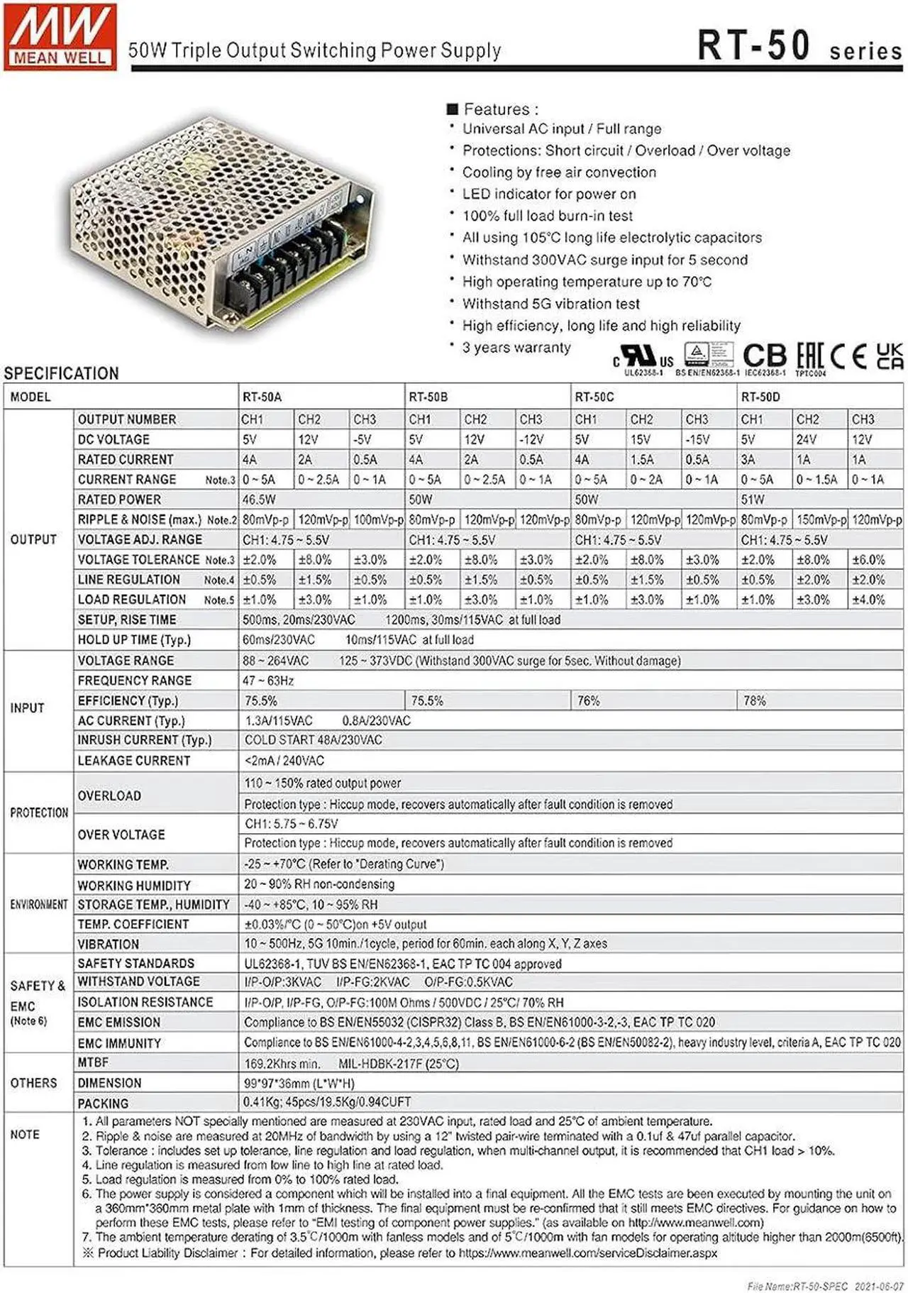 Alt view image 5 of 6 - Original Mean Well 50W 5V 24V 12V Triple Output Switching Power Supply 5V/3A 24V/1A 12V/1A SMPS Enclosed Type Power Supply Unit Transformer Input 88-264Vac