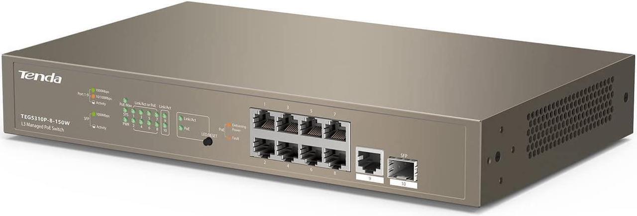 Main image of Tenda TEG5310P, Layer-3 Gigabit Managed PoE Switch, Enterprise 10 Port PoE Switch with 8 x PoE+ @ 150W, 1 x GE Port & 1 x SFP Port, Smart PoE Power Supply, Flexible QoS/ IGMP/ ACL/ ARP/ DHCP Snooping