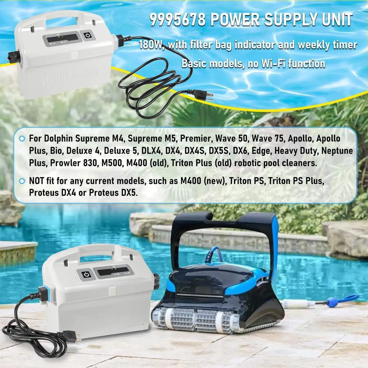 Alt view image 6 of 7 - 9995678 Assy Power Supply with 58984402L Black Power Cord Replacement Parts Fit For Maytronics Dolphin Apollo Bio DLX4 DX4 DX4S DX5S DX6 Edge M500 Premier Supreme M4 M5 Wave 50 75 Robotic Pool Cleaner