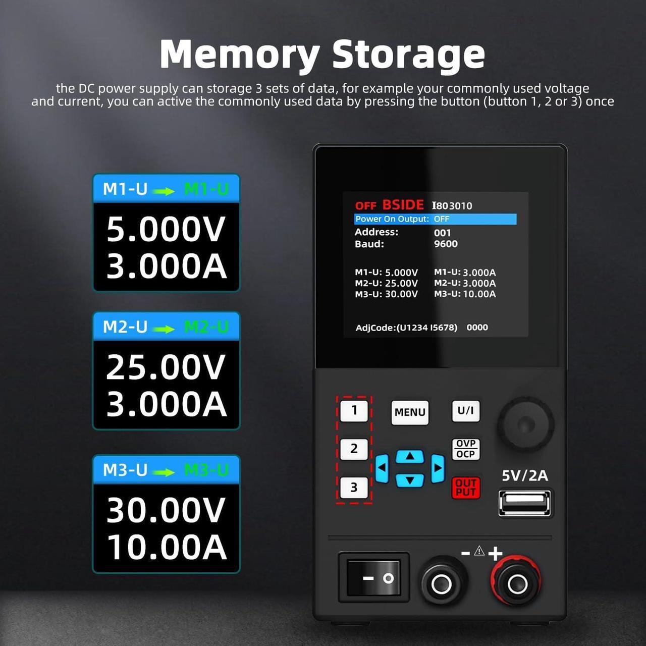 Alt view image 3 of 7 - BSIDE DC Power Supply Programmable 30V 10A Adjustable Switching Regulated Lab Power Supply Small Variable Bench Power Supply with Encoder and USB DC Output Power Supply