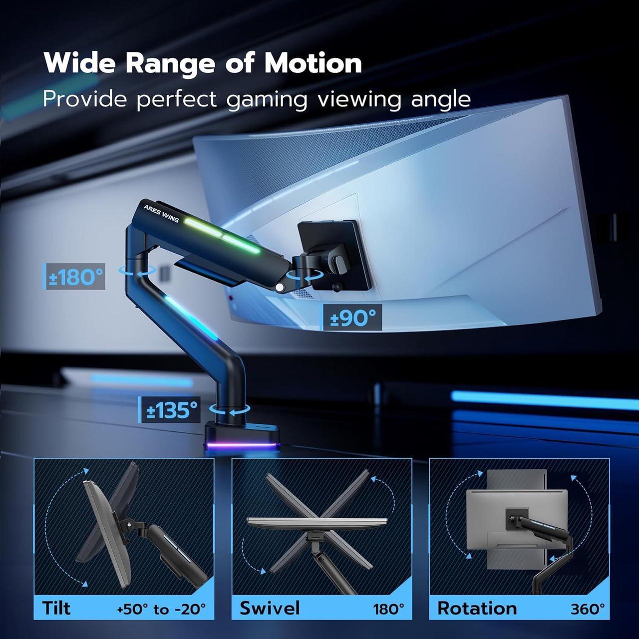 Alt view image 3 of 7 - Heavy Duty Monitor Arm for 49'' & 44 Lbs Ultrawide Monitor, Compatible with Samsung Odyssey G9 and LG Monitor, RGB Monitor Desk Arm, Adjustable Gas Spring Single Monitor Mount, Black