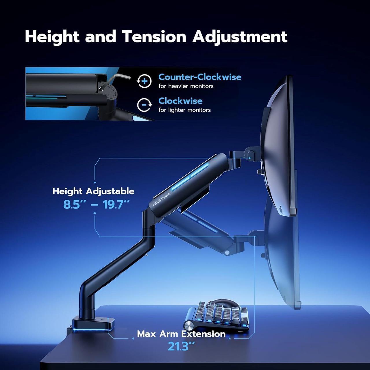 Alt view image 4 of 7 - Heavy Duty Monitor Arm for 49'' & 44 Lbs Ultrawide Monitor, Compatible with Samsung Odyssey G9 and LG Monitor, RGB Monitor Desk Arm, Adjustable Gas Spring Single Monitor Mount, Black