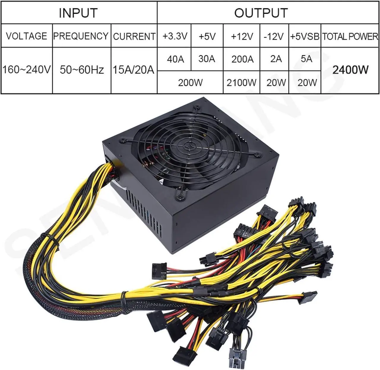 Alt view image 4 of 7 - 2400W ATX Mining Power Supply Bold 12AWG line Can Connect 8GPU Auto-Thermally Controlled Fan for Bitcoin ETH Miner PSU