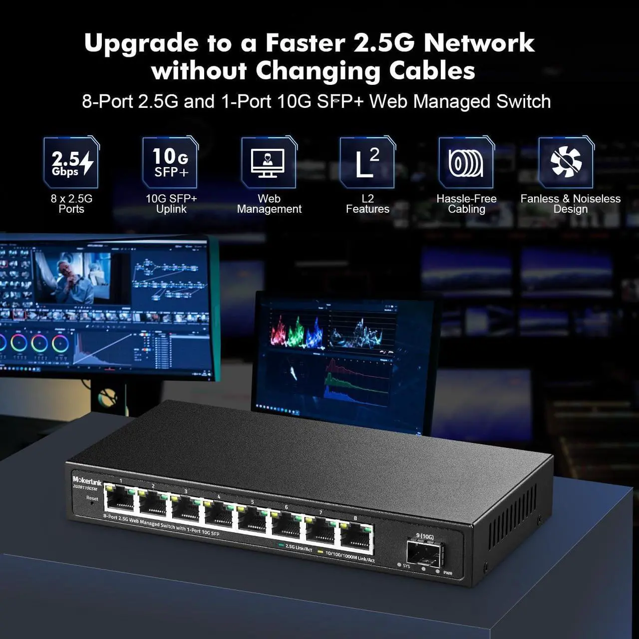 Alt view image 2 of 7 - MokerLink 8 Port 2.5G Managed Ethernet Switch with 10G SFP, 8 x 2.5G Base-T Ports, Support LACP/VLAN/QOS/IGMP, Metal Web Managed Fanless Network Switch