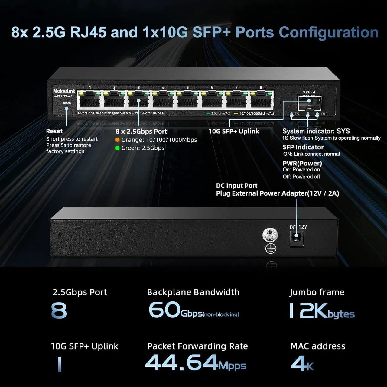 Alt view image 4 of 7 - MokerLink 8 Port 2.5G Managed Ethernet Switch with 10G SFP, 8 x 2.5G Base-T Ports, Support LACP/VLAN/QOS/IGMP, Metal Web Managed Fanless Network Switch