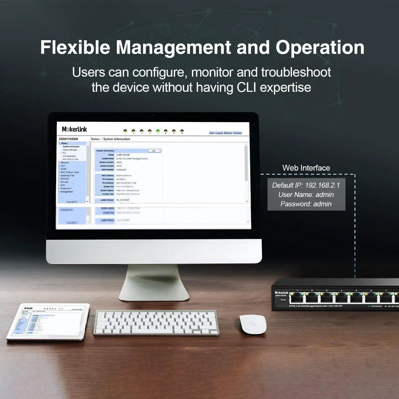 Alt view image 7 of 7 - MokerLink 8 Port 2.5G Managed Ethernet Switch with 10G SFP, 8 x 2.5G Base-T Ports, Support LACP/VLAN/QOS/IGMP, Metal Web Managed Fanless Network Switch