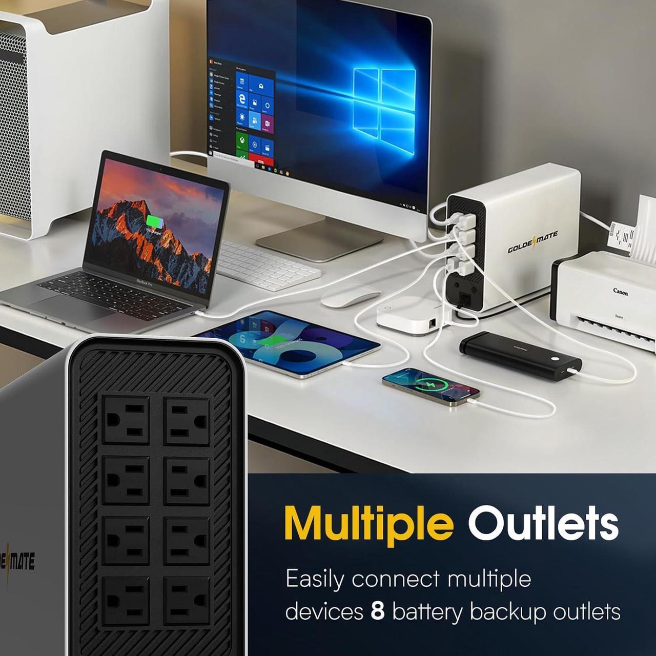 Alt view image 2 of 7 - 1000VA/600W Lithium UPS Battery Backup and Surge Protector, Backup Battery Power Supply with LiFePO4 Battery, Sinewave UPS System, Battery of 10 Years Lifespan, 8-Outlets, LCD Display