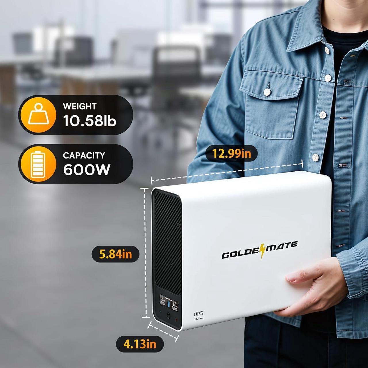 Alt view image 3 of 7 - 1000VA/600W Lithium UPS Battery Backup and Surge Protector, Backup Battery Power Supply with LiFePO4 Battery, Sinewave UPS System, Battery of 10 Years Lifespan, 8-Outlets, LCD Display