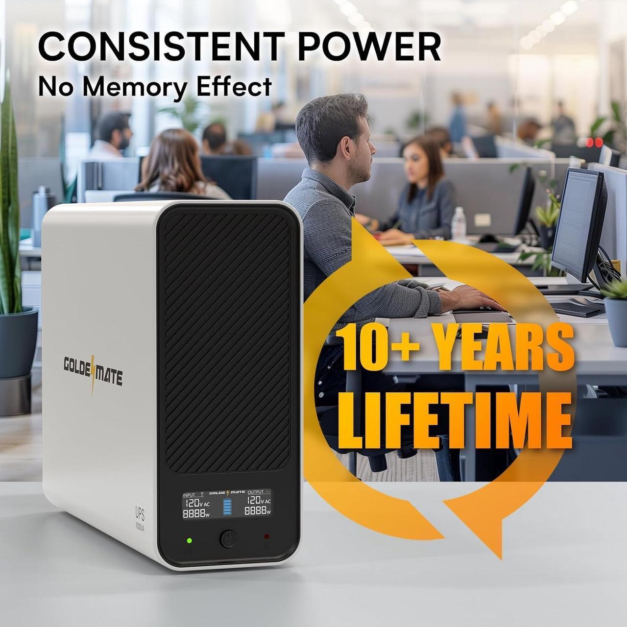 Alt view image 4 of 7 - 1000VA/600W Lithium UPS Battery Backup and Surge Protector, Backup Battery Power Supply with LiFePO4 Battery, Sinewave UPS System, Battery of 10 Years Lifespan, 8-Outlets, LCD Display