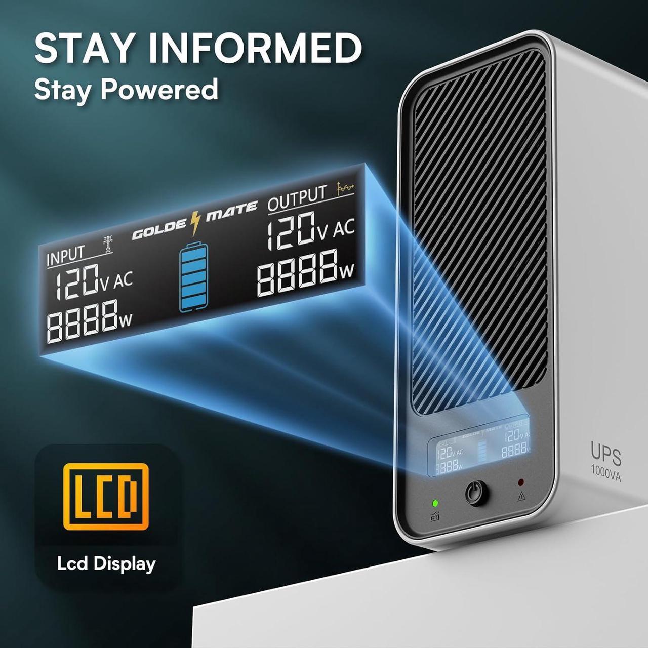 Alt view image 6 of 7 - 1000VA/600W Lithium UPS Battery Backup and Surge Protector, Backup Battery Power Supply with LiFePO4 Battery, Sinewave UPS System, Battery of 10 Years Lifespan, 8-Outlets, LCD Display