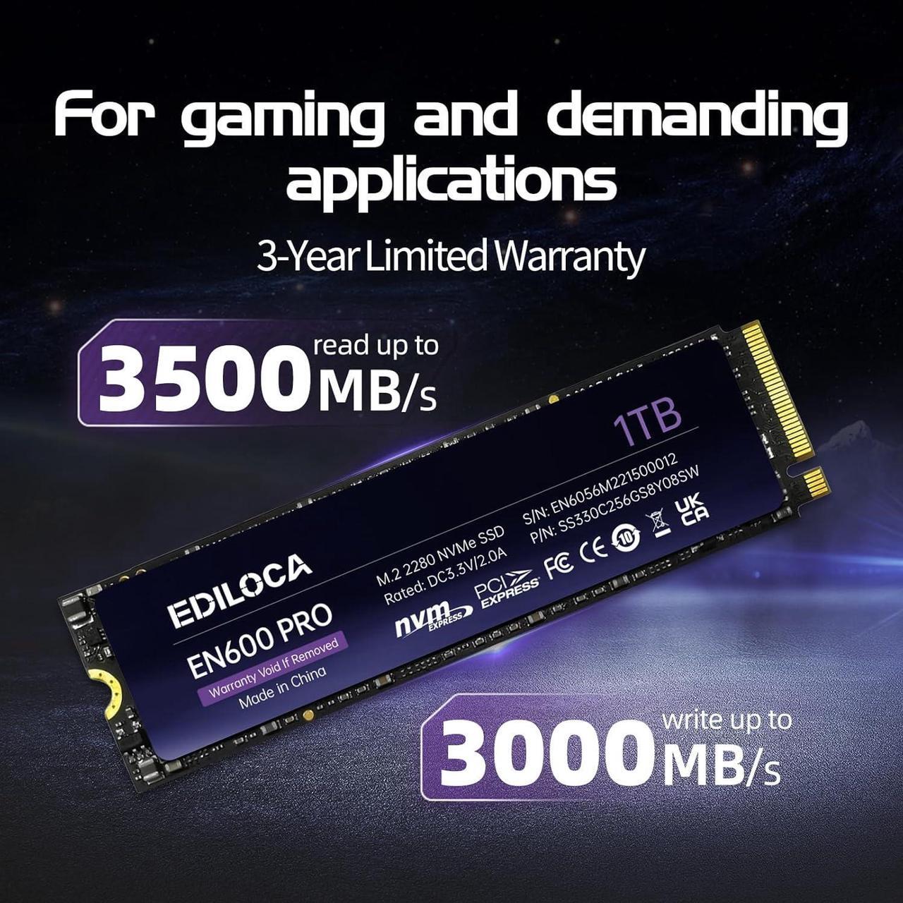 Alt view image 3 of 7 - EN600 PRO SSD 1TB PCle 3.0x4, NVMe M.2 2280, Up to 3500MB/s, Internal Solid State Drive, SLC Cache 3D NAND TLC, Graphene Cooling Sticker, Storage for PC, Desktop and Laptops