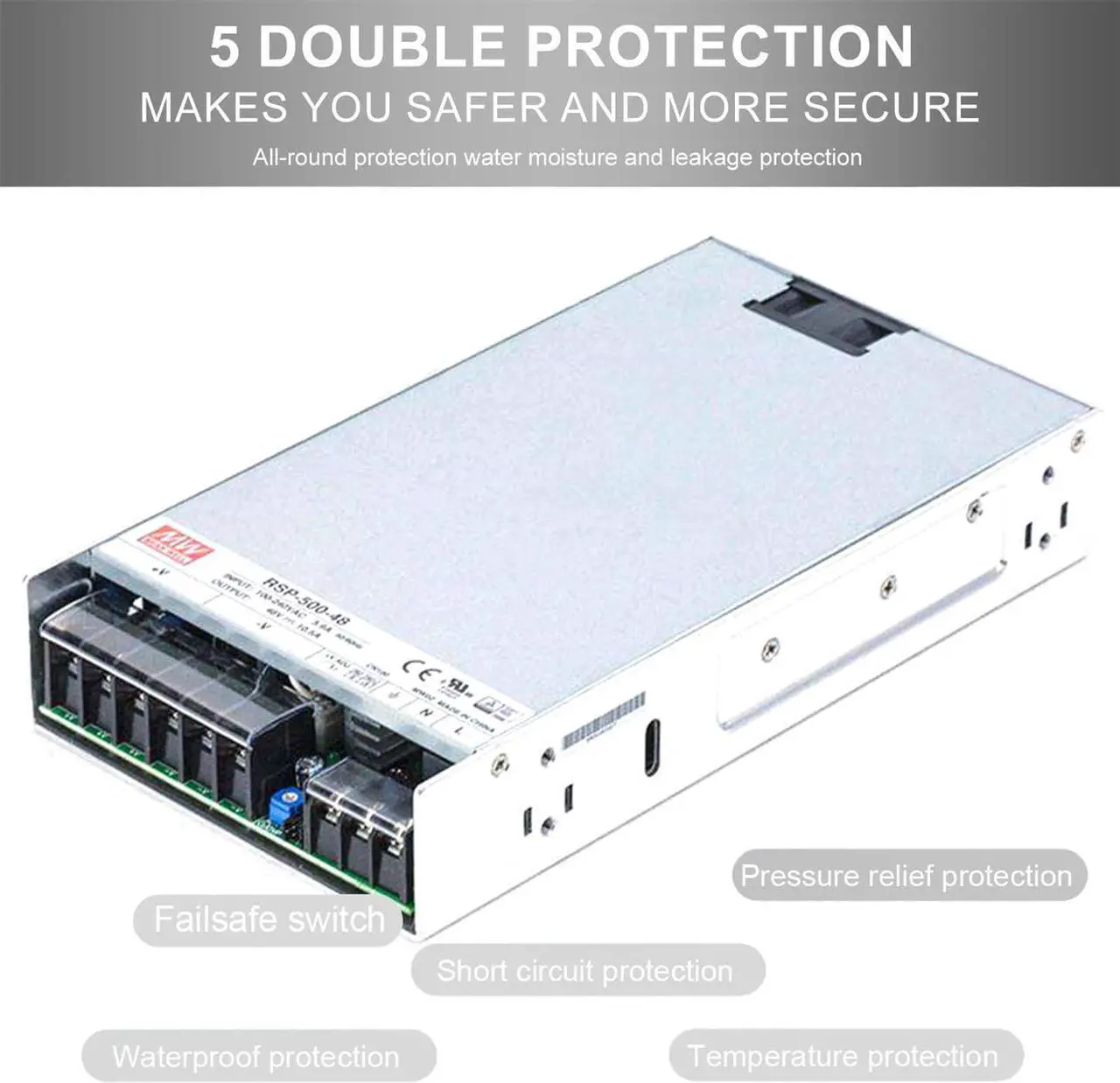 Alt view image 3 of 7 - RSP-500-48 500W Single Output PFC Function Power Supply 48V Constant Voltage with Built-in Cooling Fan for Industrial Automation, Telecommunications, and Battery Charging