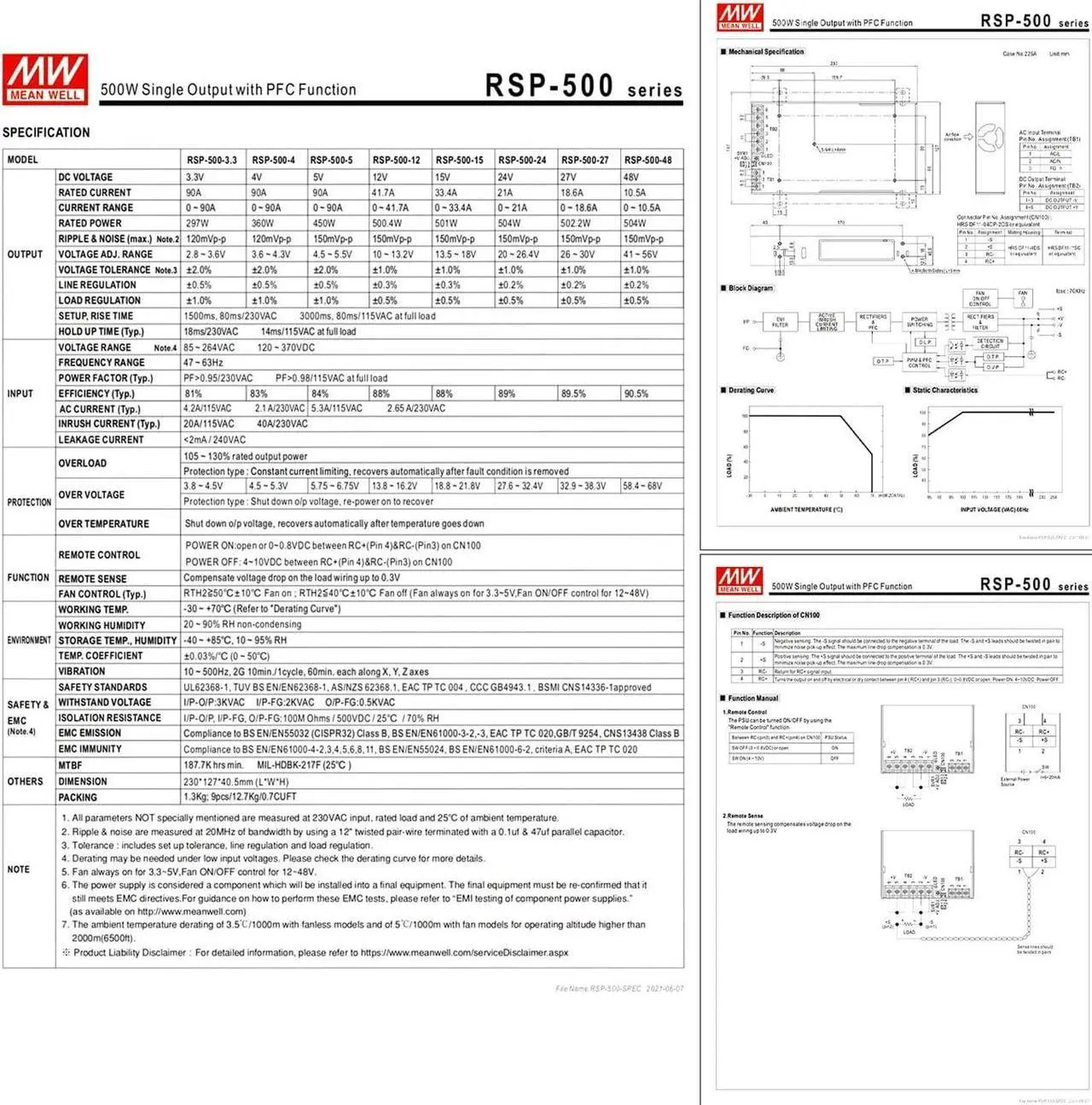 Alt view image 4 of 7 - RSP-500-48 500W Single Output PFC Function Power Supply 48V Constant Voltage with Built-in Cooling Fan for Industrial Automation, Telecommunications, and Battery Charging