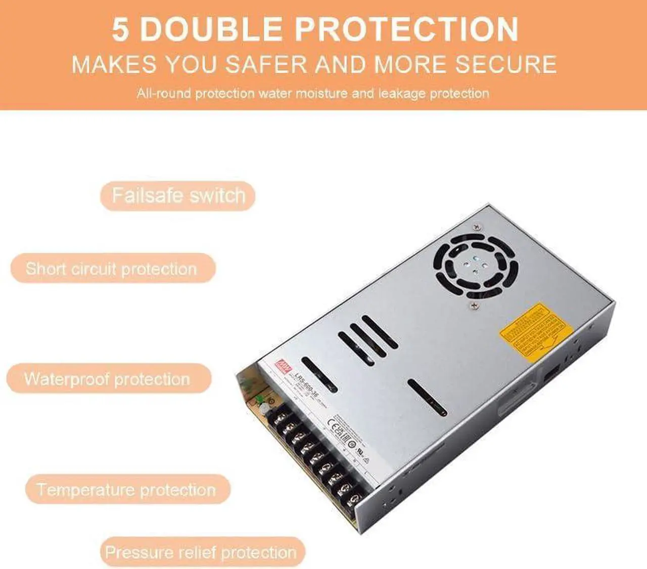 Alt view image 4 of 6 - LRS-600-36 Industrial Power Supply, 36V 16.6A 597W, High Efficiency 92%, Surge and Overload Protection, 5G Vibration Resistant, Reliable for Industrial Automation & Robotics