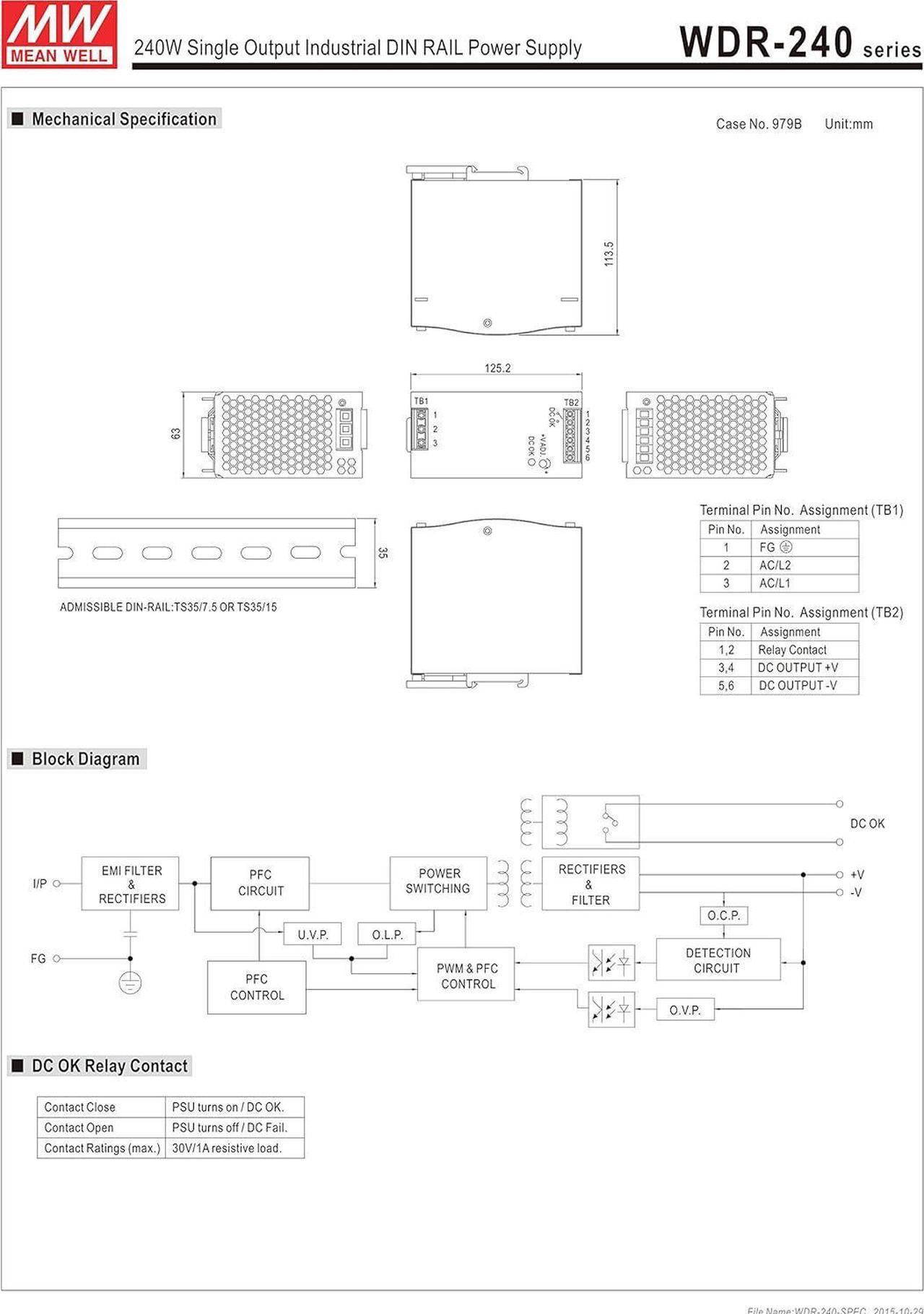 Alt view image 3 of 4 - Meanwell WDR-240-48 Power Supply - 240W 48V 5A - Wide Input Range