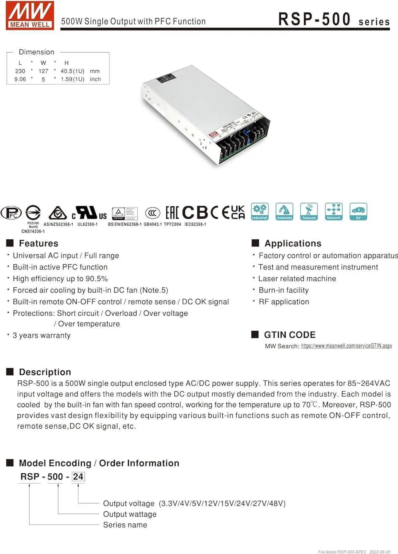 Alt view image 4 of 7 - Mean Well RSP-500-15 501W Single Output with PFC Function RSP-500 15V/33.4A