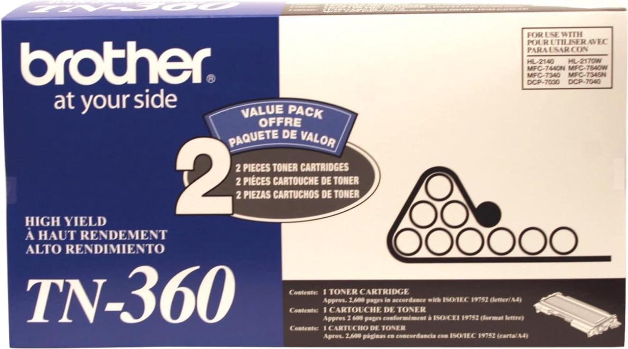 Brother Genuine TN360 2-Pack High Yield Black Toner Cartridge with Approximately 2,600 Page Yield/Cartridge