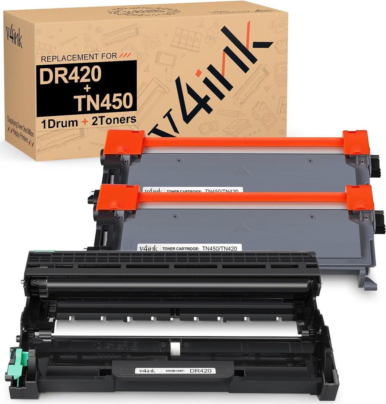 V4INK (1 Drum + 2 Toners) New Compatible Brother DR420 Drum + Compatible Brother TN450 Toner Cartridge Black High Yield Combo for Brother HL-2240D HL-2270DW HL-2280DW MFC-7360N MFC-7860DW Printer