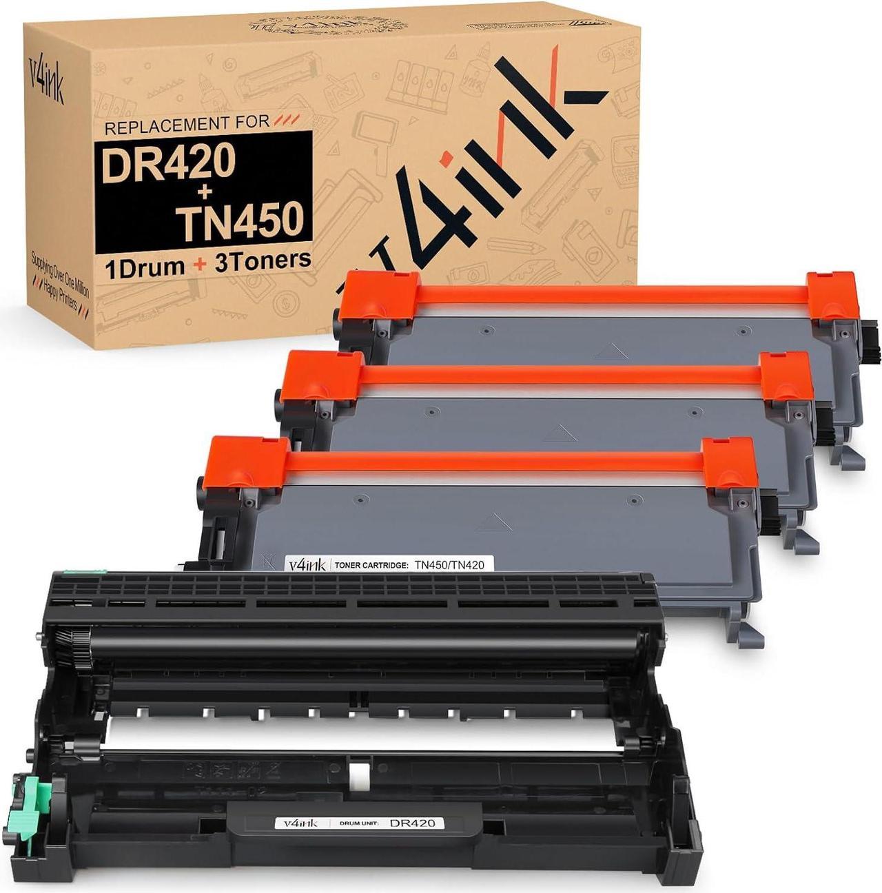 V4INK (1 Drum + 3 Toners) New Compatible Brother DR420 Drum + Compatible Brother TN450 Toner Cartridge Black High Yield Combo for Brother HL-2240D HL-2270DW HL-2280DW MFC-7360N MFC-7860DW Printer