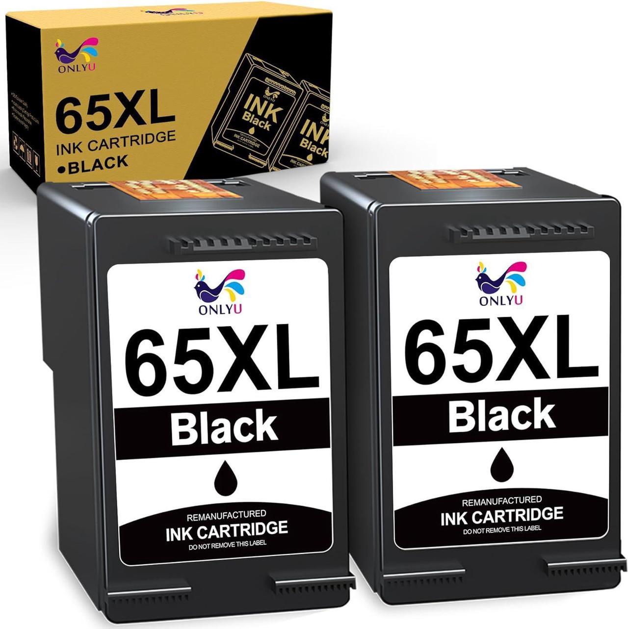 ONLYU 65XL Balck Ink Cartridge Remanufactured  65 XL Ink Replacement for Envy 5055 5052 5058 DeskJet 3755 3752 2655 3720 3722 3723 3730 3732 3758 2652 2624 Printer (2 Black)